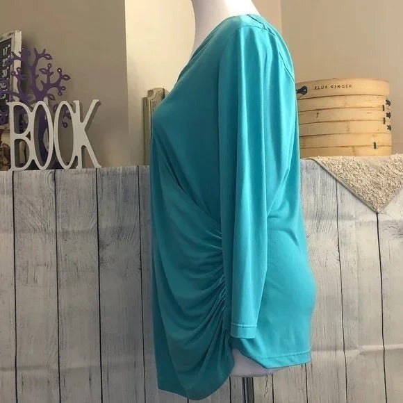 Nomadic Traders sz L Teal 3/4 Sleeve Stretch Blouse - Picture 2 of 7